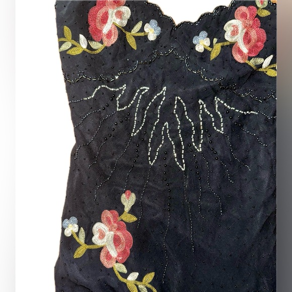 90’s Vintage Sue Wong Black Silk Floral Embroidered Beaded Handkerchief Dress - Picture 6 of 8